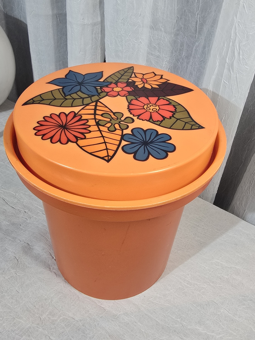 Vintage 70s  Orange Floral Plastic Storage Container